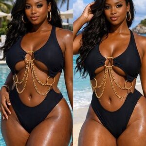 Black Chain Detail One-Piece Swimsuit Hoops in Chains one piece swimwear